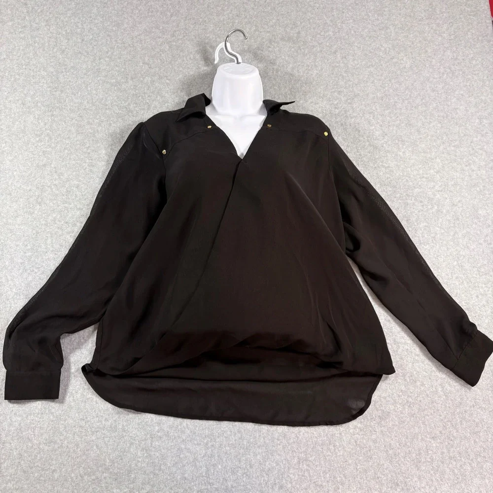 Michael Michael Kors Black Draped Surplice Blouse Gold Studs Size 12